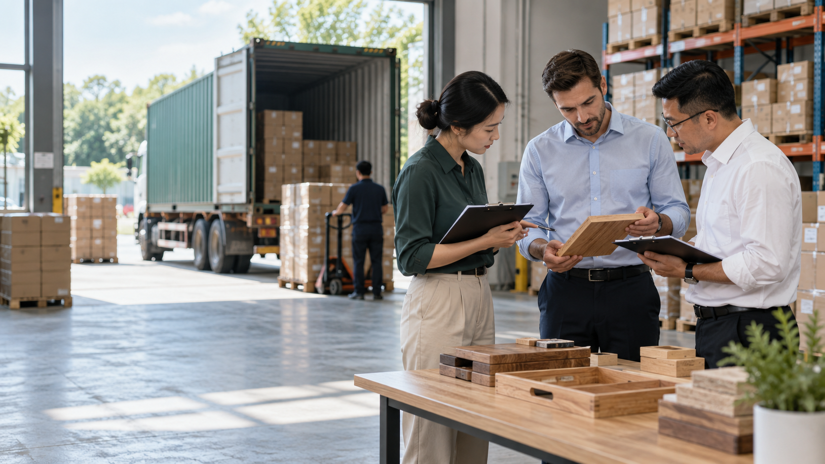 Illustrative procurement team reviewing samples in a warehouse-side workspace