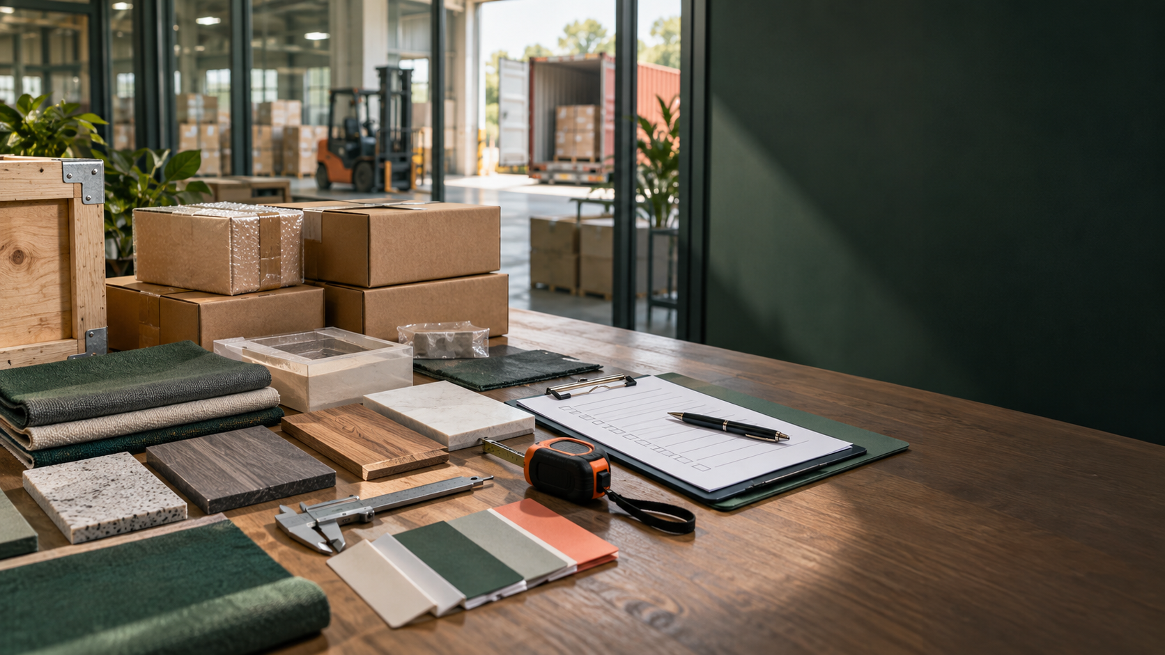 Illustrative sourcing project desk with materials, quality checklist, measurement tools and shipment packing